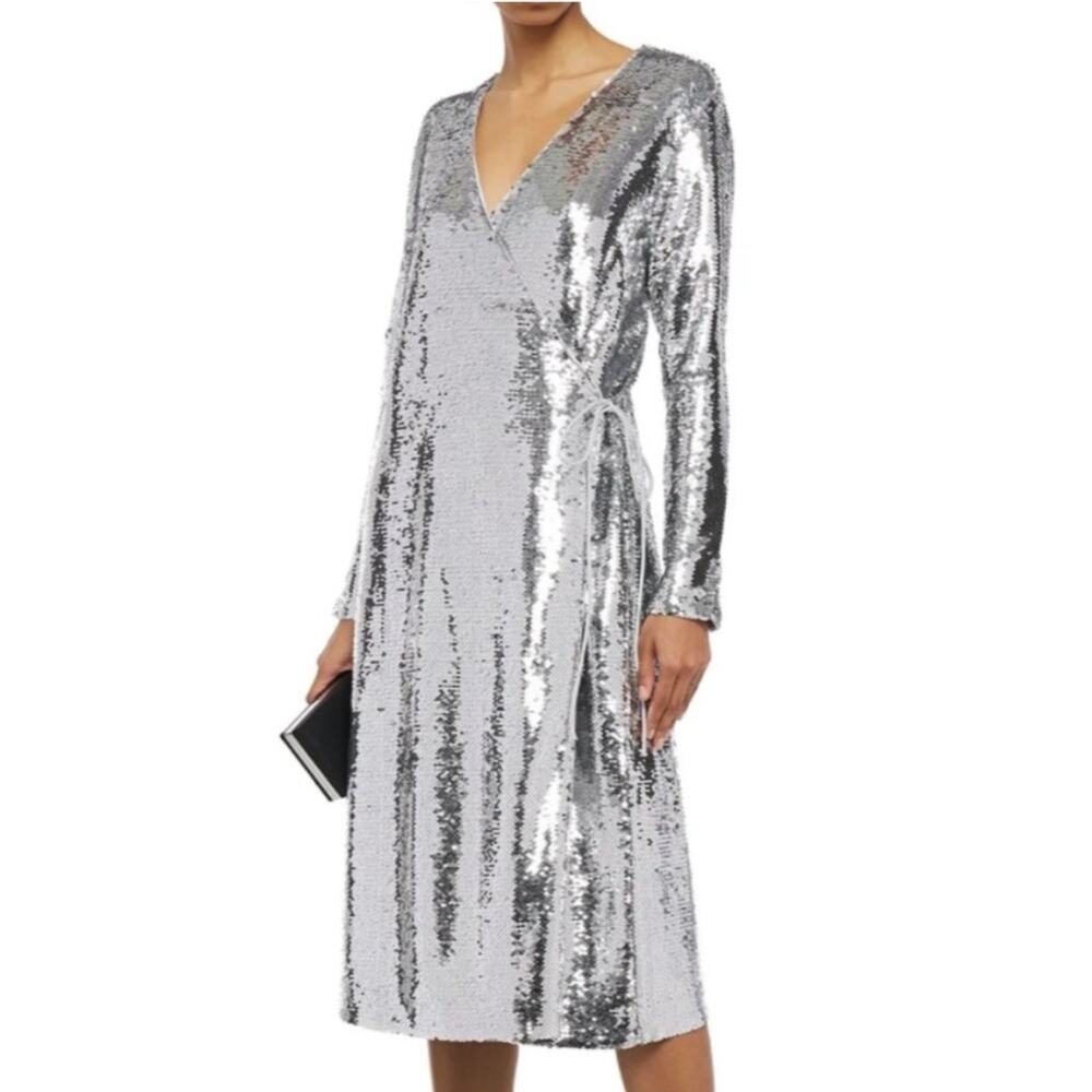 NWT GANNI Sonora Silver Wrap Sequin Midi Dress 34 US 2